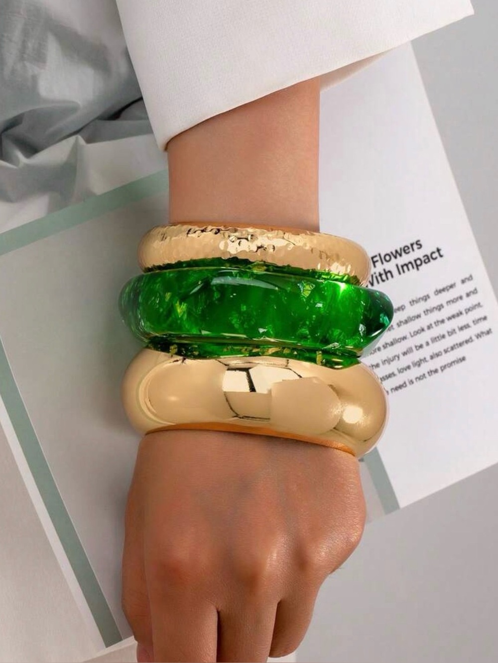 Gold & Green Chunky Resin Statement Bangle Bracelet
